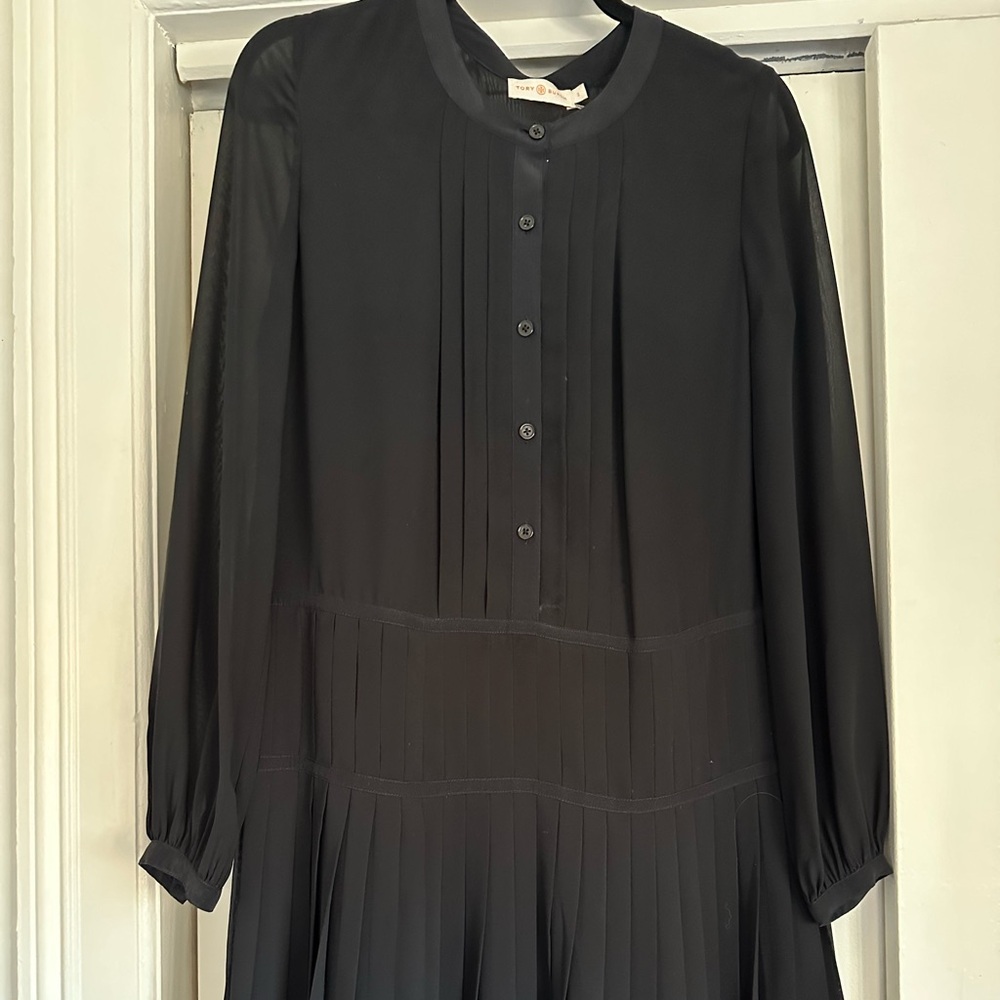 Tory Burch black pleated silk dress with lace hemline size 2